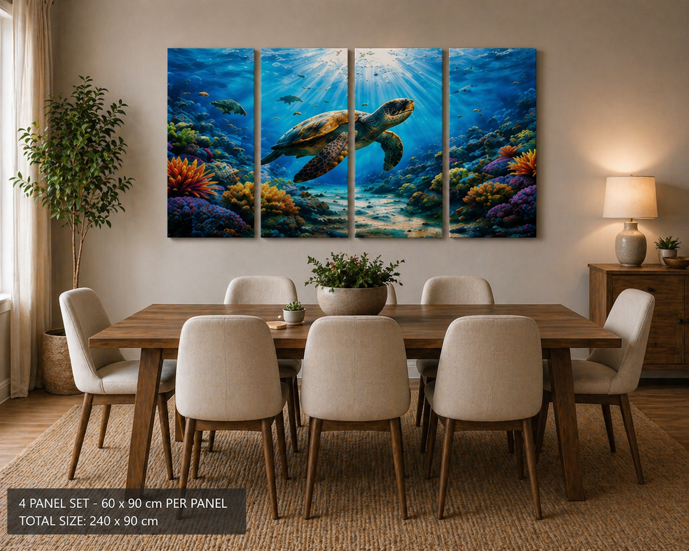 4 Panel Dining room with a large wall art depicting an underwater scene with a turtle.