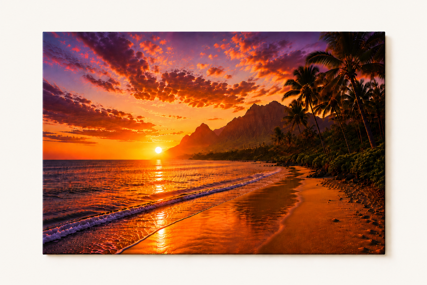 1 Panel Sunset over a tropical beach with palm trees and mountains in the background.