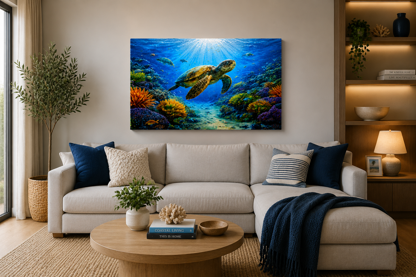 1 Panel Living room with a sofa, coffee table, and wall art of a turtle underwater scene.