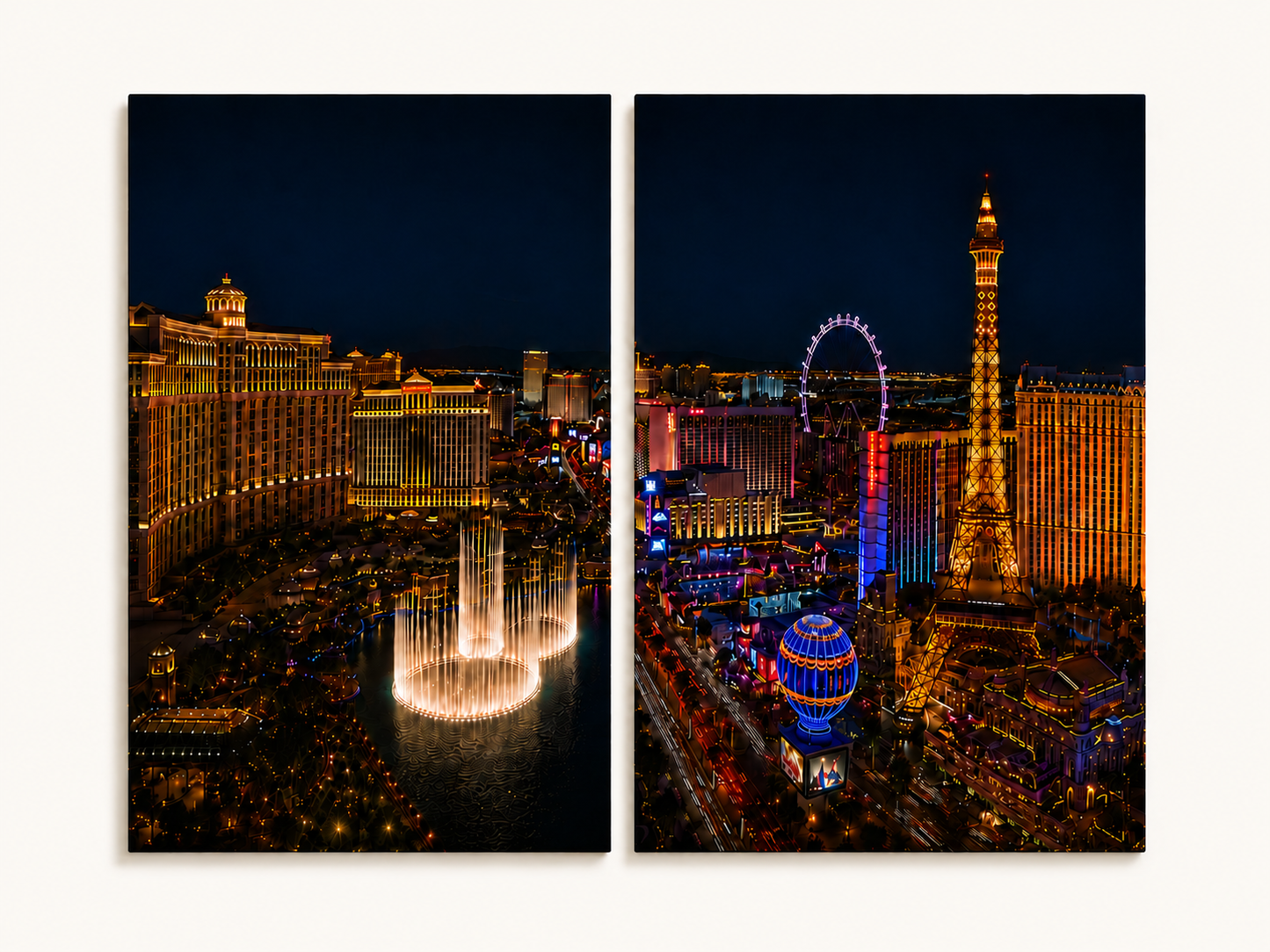 2 Panels of a Las Vegas night scene with illuminated buildings and fountains.