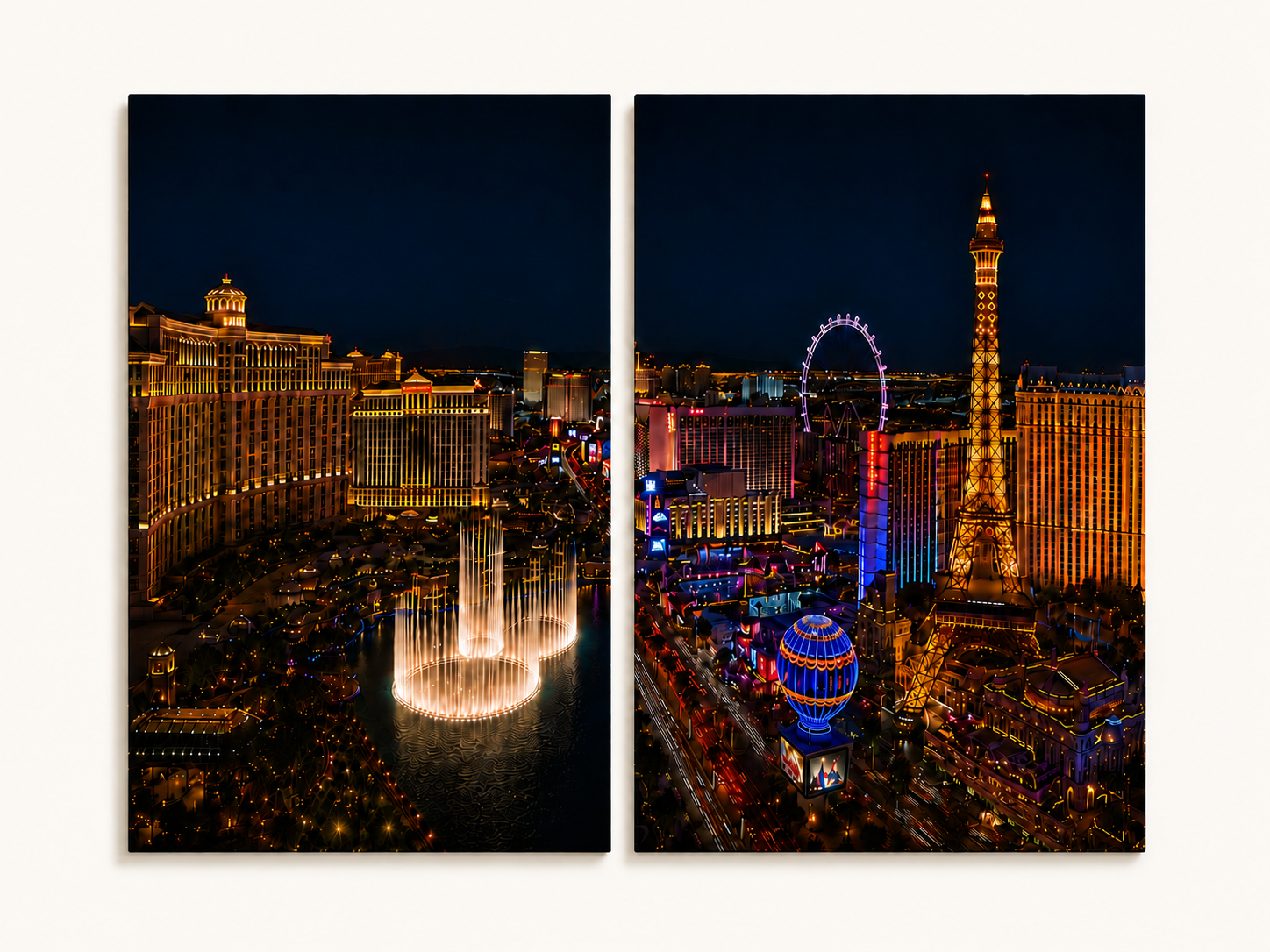 2 Panels of a Las Vegas night scene with illuminated buildings and fountains.