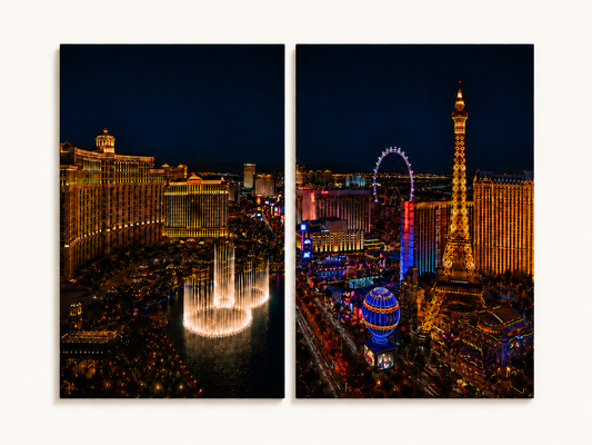 2 Panels of a Las Vegas night scene with illuminated buildings and fountains.