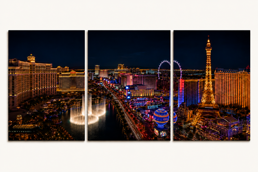 3 Panel panel view of Las Vegas vibrant cityscape at night with illuminated buildings.