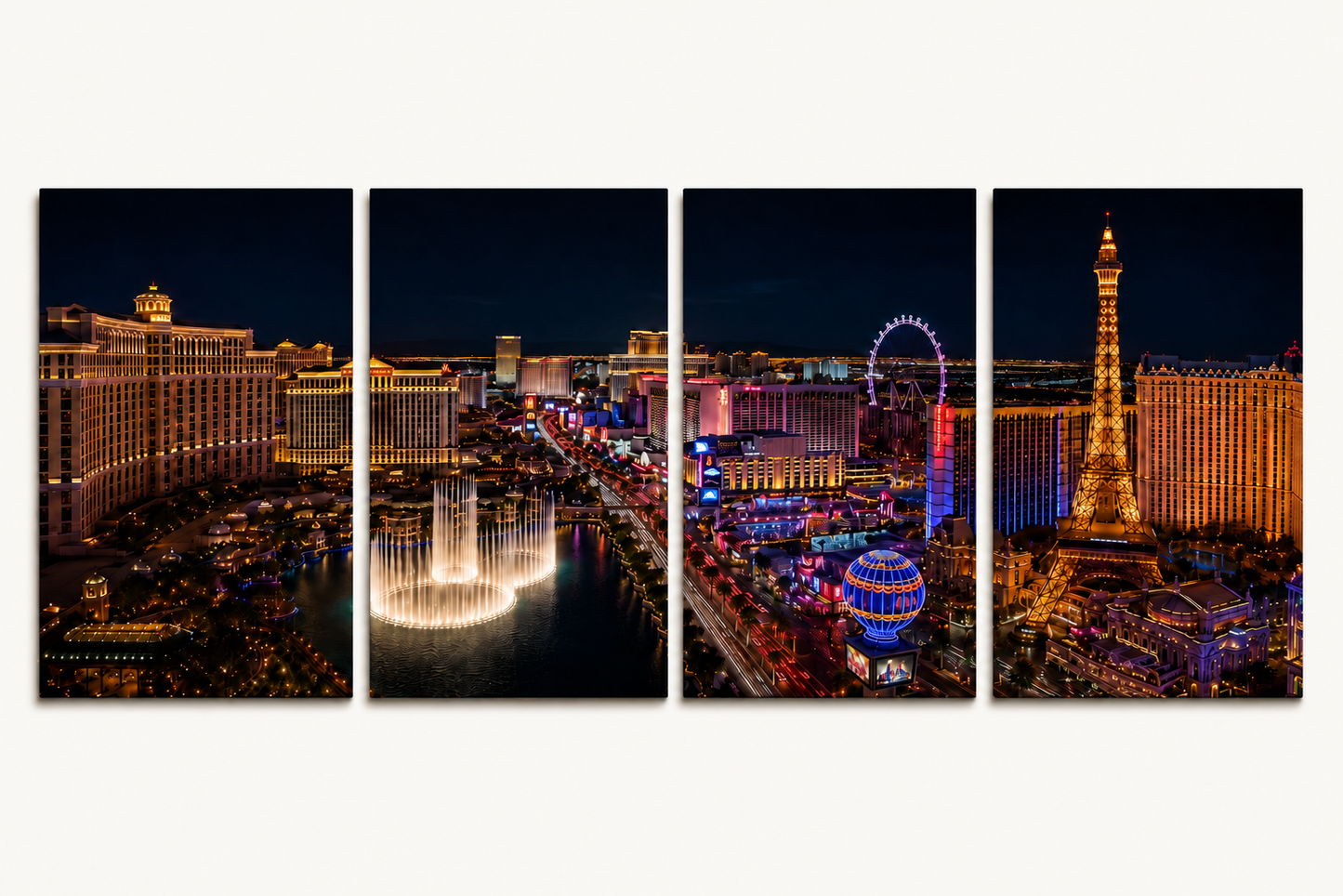 4 Panel panoramic view of Las Vegas vibrant cityscape at night with illuminated buildings and attractions.