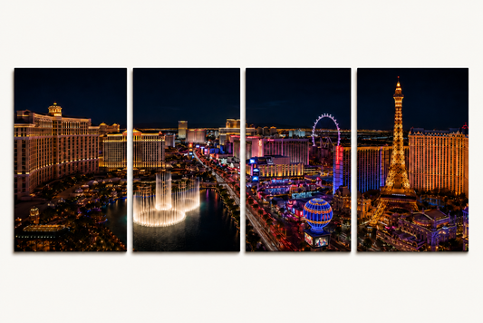 4 Panel panoramic view of Las Vegas vibrant cityscape at night with illuminated buildings and attractions.