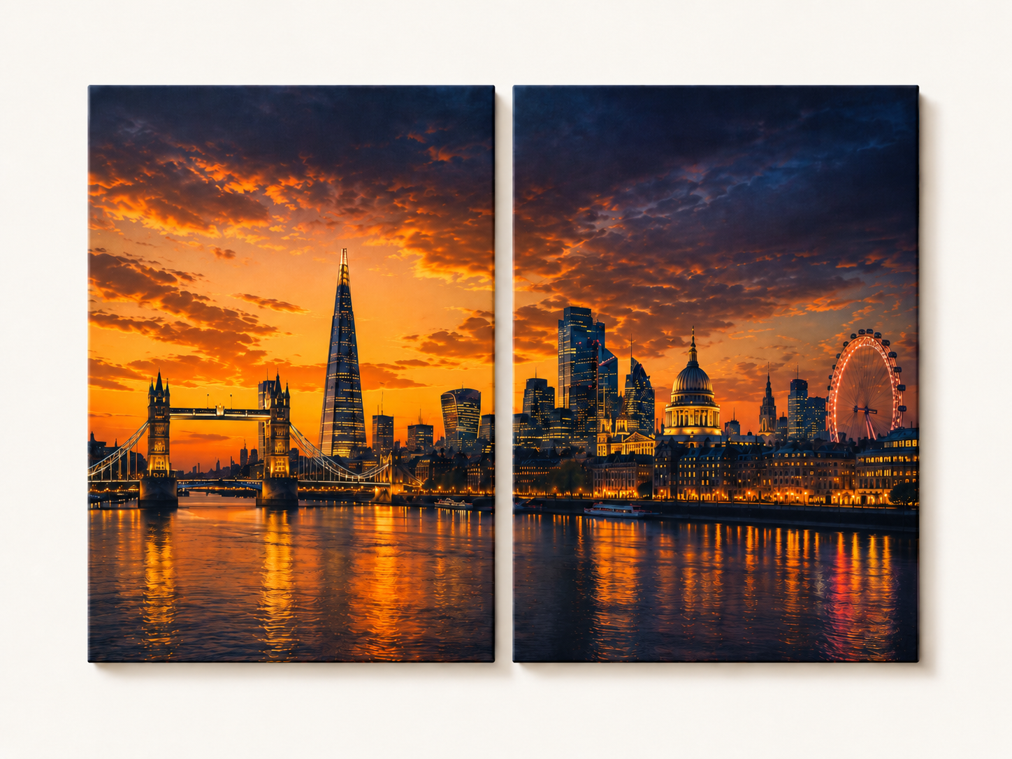 2 Panel canvas print of a London city skyline with a sunset sky.