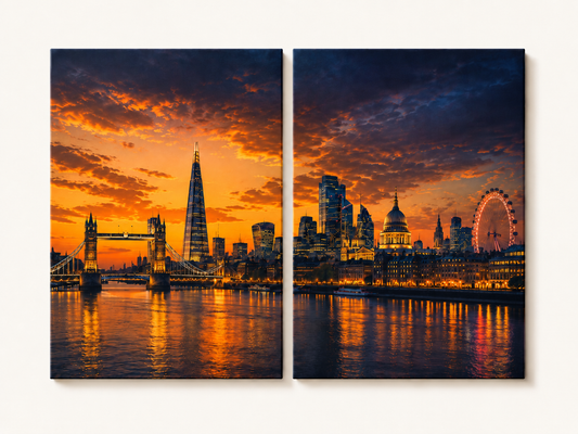 2 Panel canvas print of a London city skyline with a sunset sky.