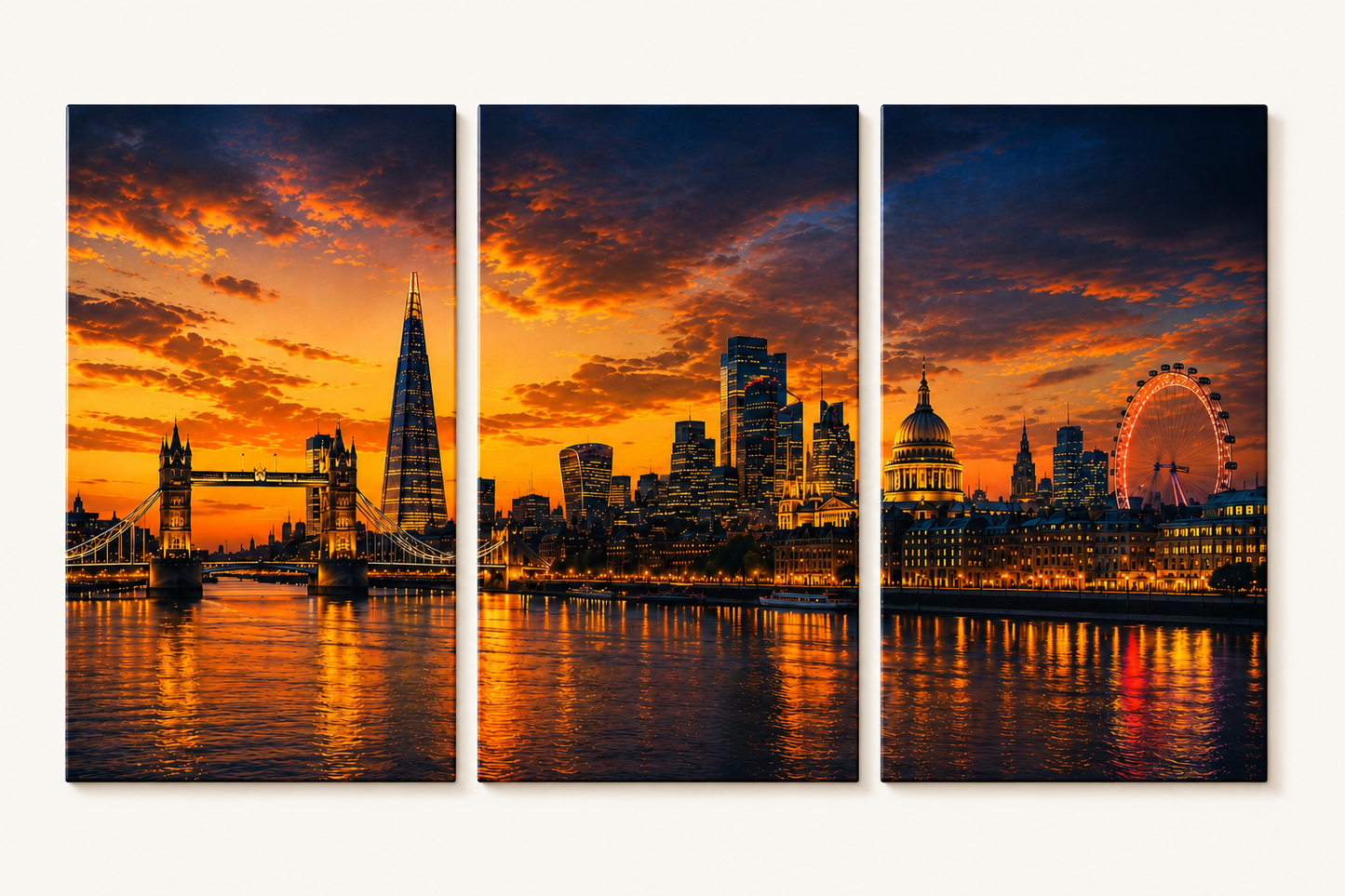 3 Panel London skyline at sunset with iconic landmarks.