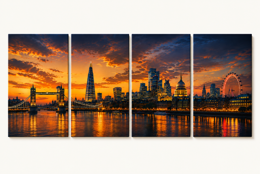 4 Panel London skyline with iconic landmarks at sunset, reflected in water.