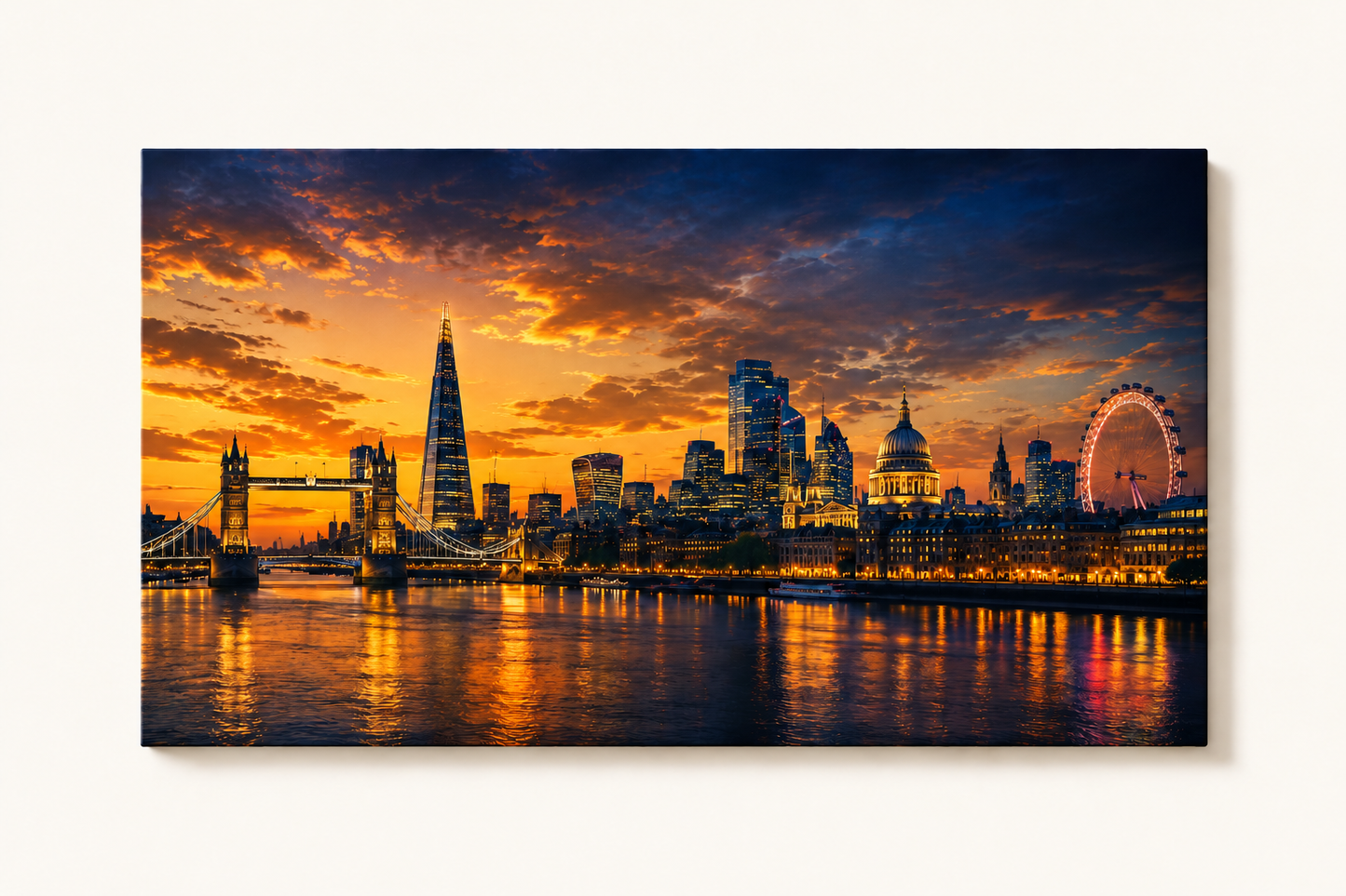 1 Panel Panoramic view of London skyline at sunset with iconic landmarks.