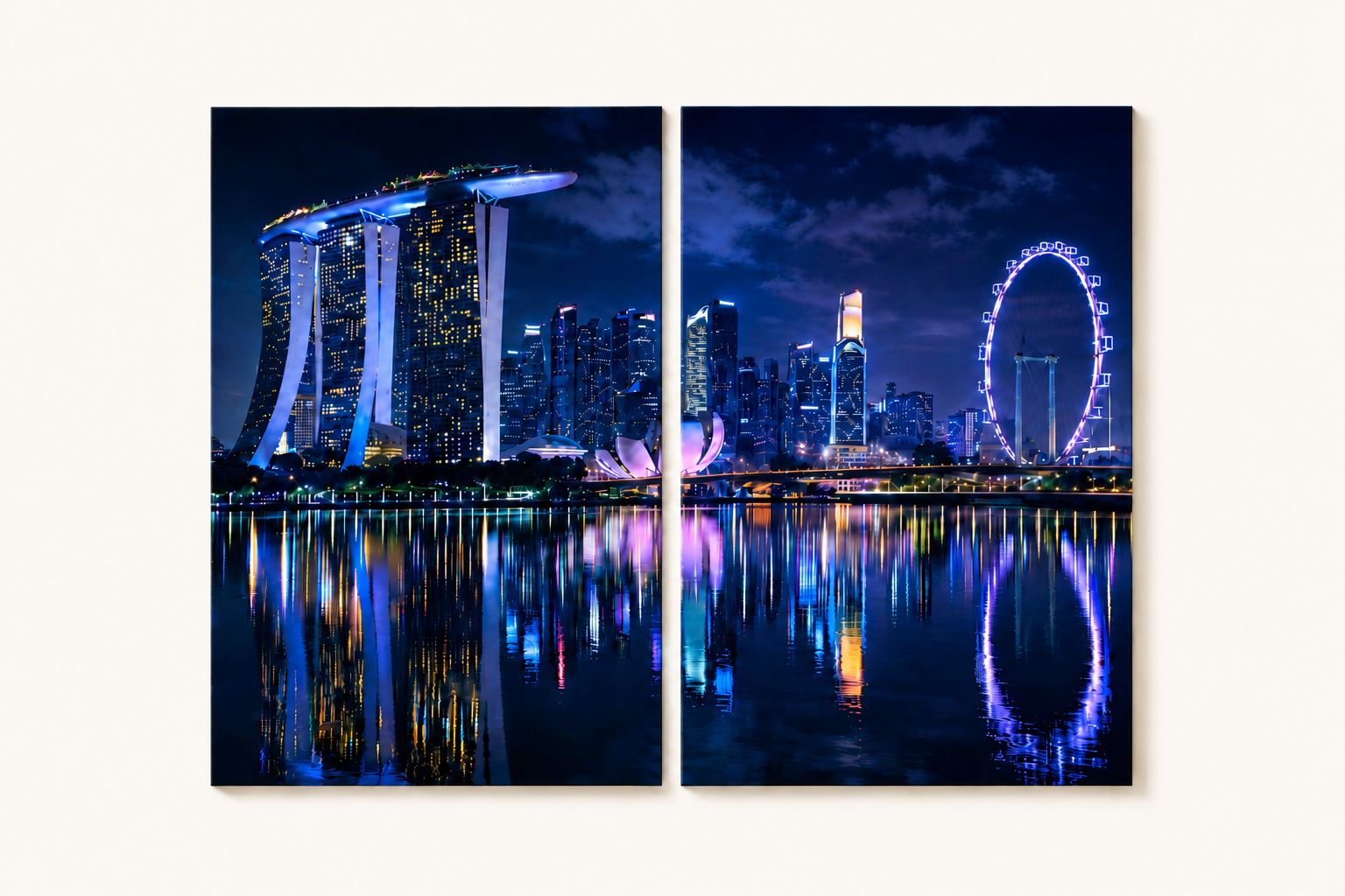 2 Panel Singapore skyline at night with illuminated buildings and reflections on water.