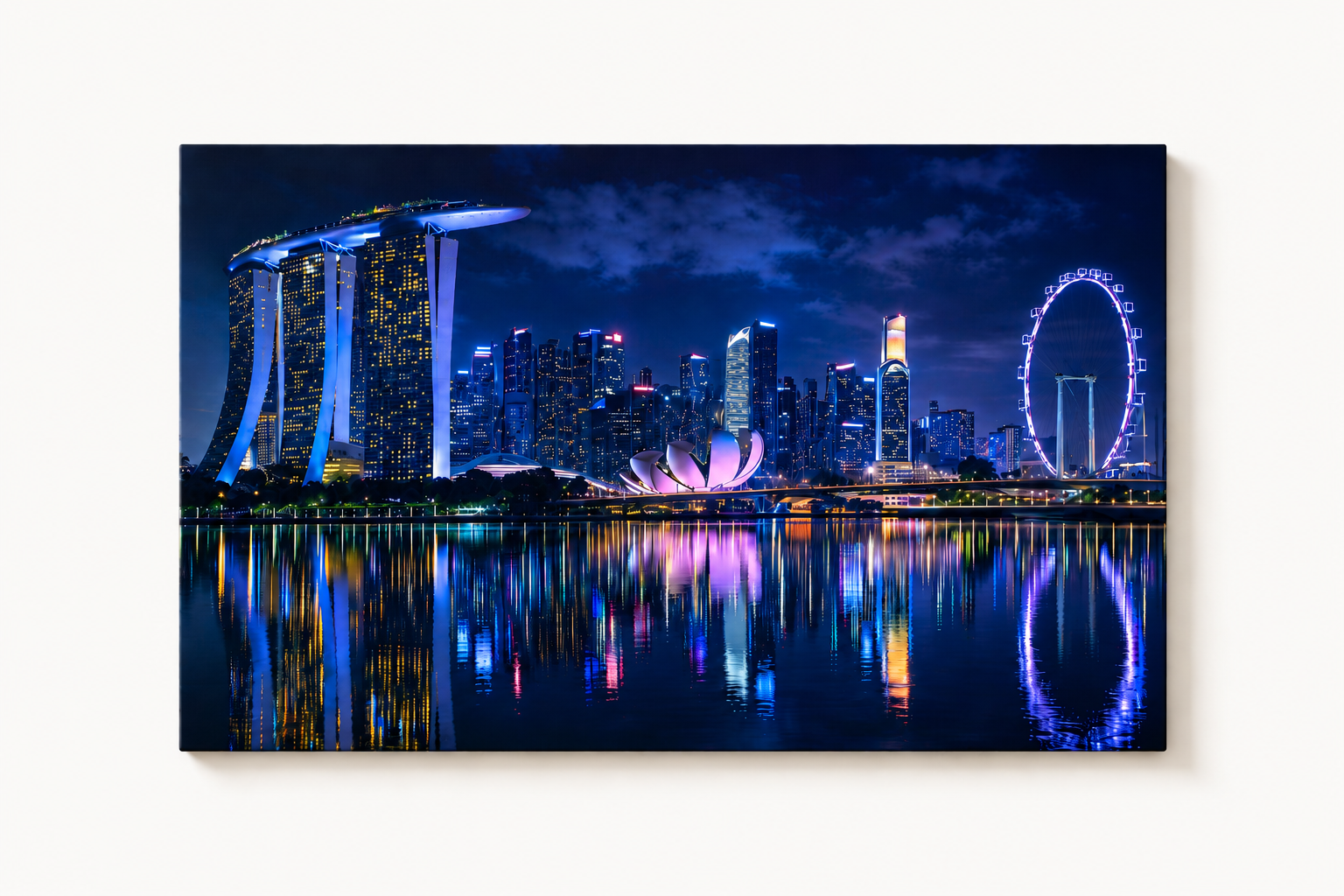 1 Panel City skyline at night with illuminated buildings and reflection in water