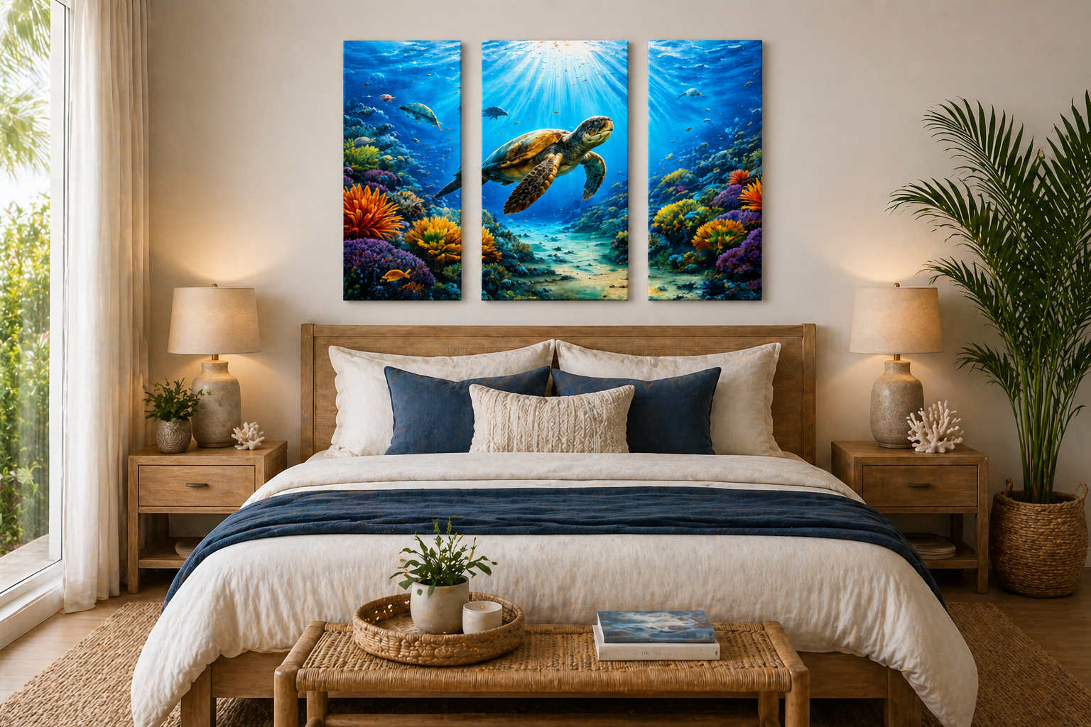 3 Panel Bedroom with a bed, nightstands, and wall art depicting an underwater scene with a turtle.
