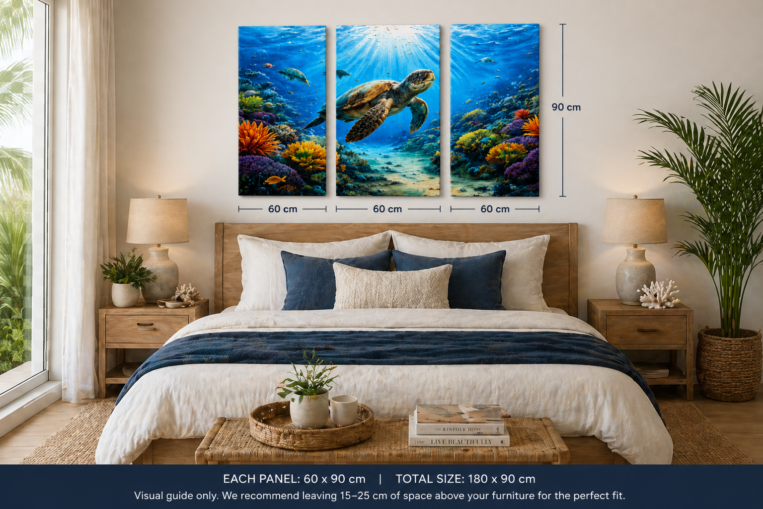 3 Panel Bedroom with a large turtle artwork on the wall. With Measurements