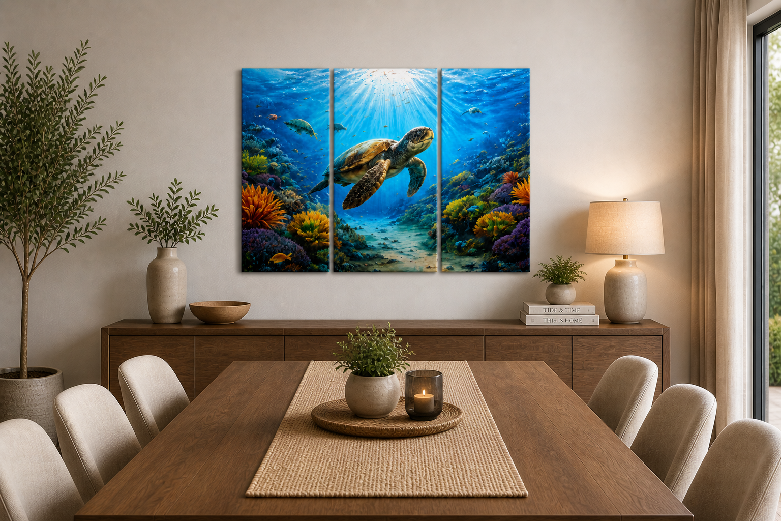 3 Panel Dining room with a large wall art depicting an underwater scene with a turtle.