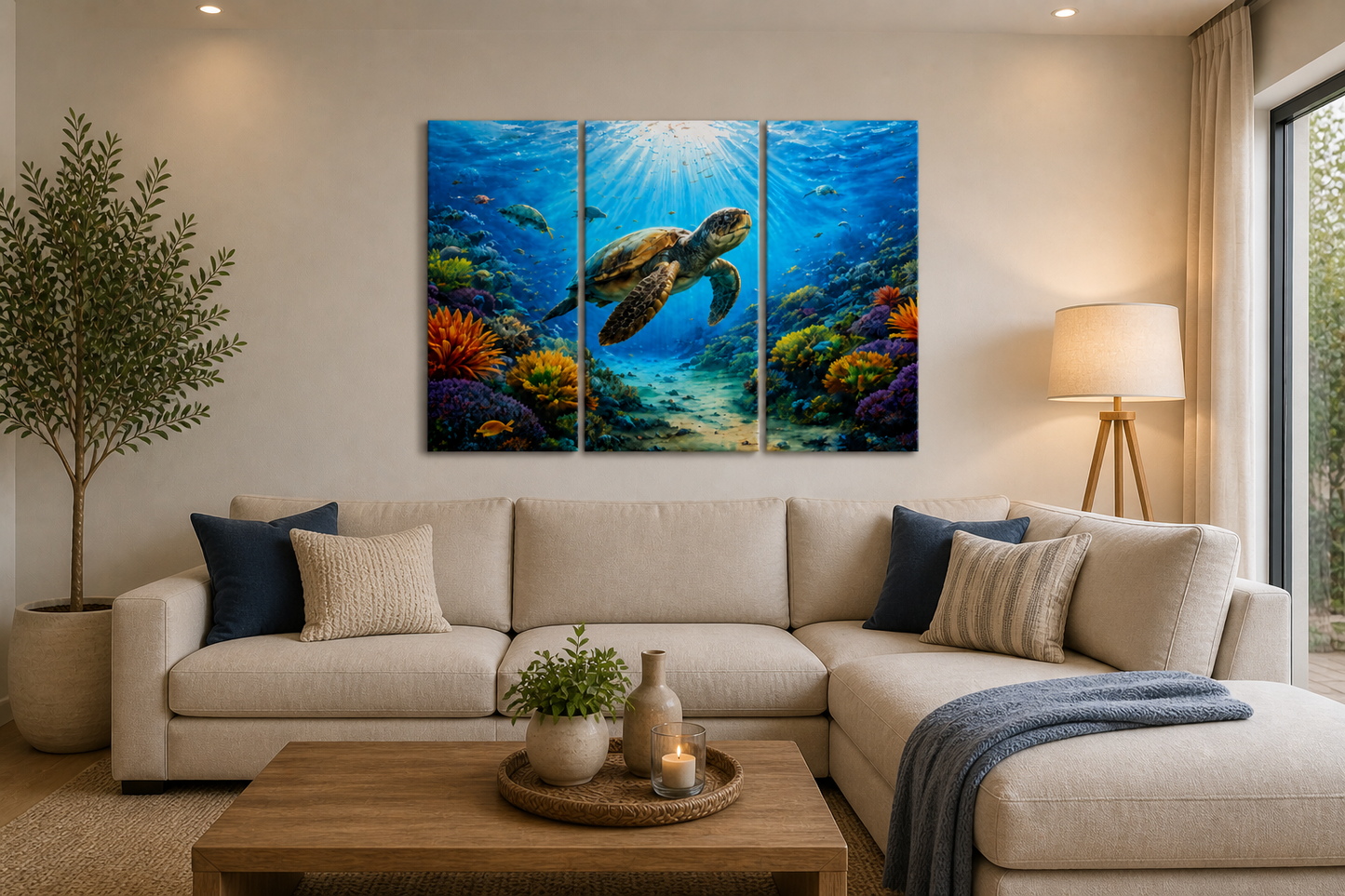 3 Panel Living room with a sectional sofa, coffee table, and wall art depicting an underwater scene with a turtle.
