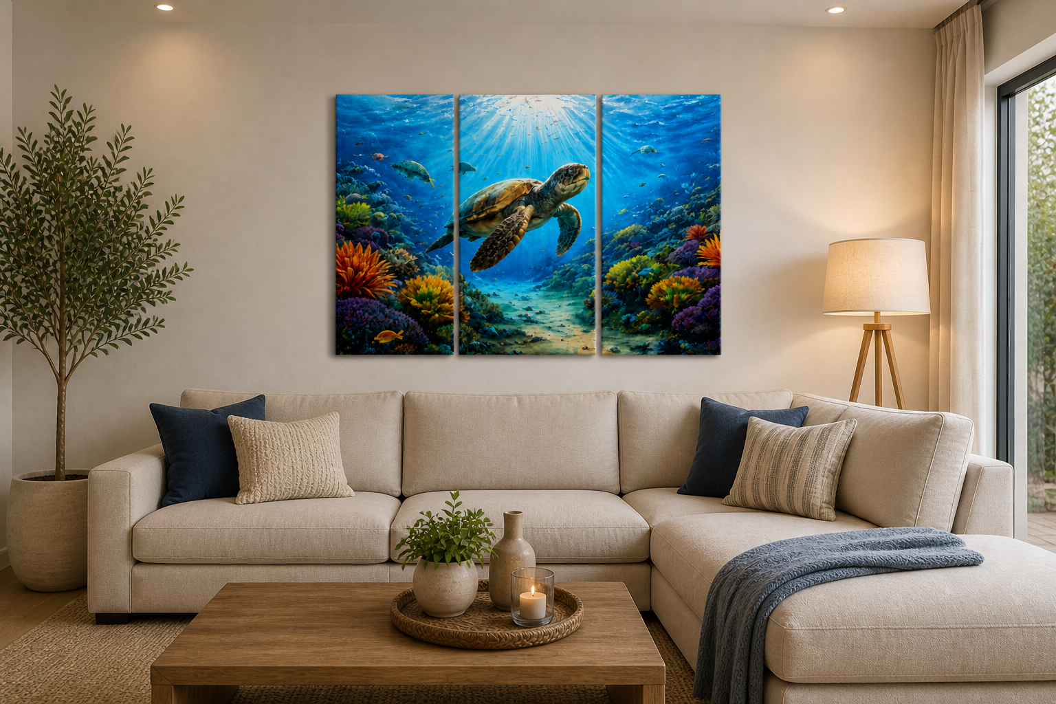 3 Panel Living room with a sectional sofa, coffee table, and wall art depicting an underwater scene with a turtle.