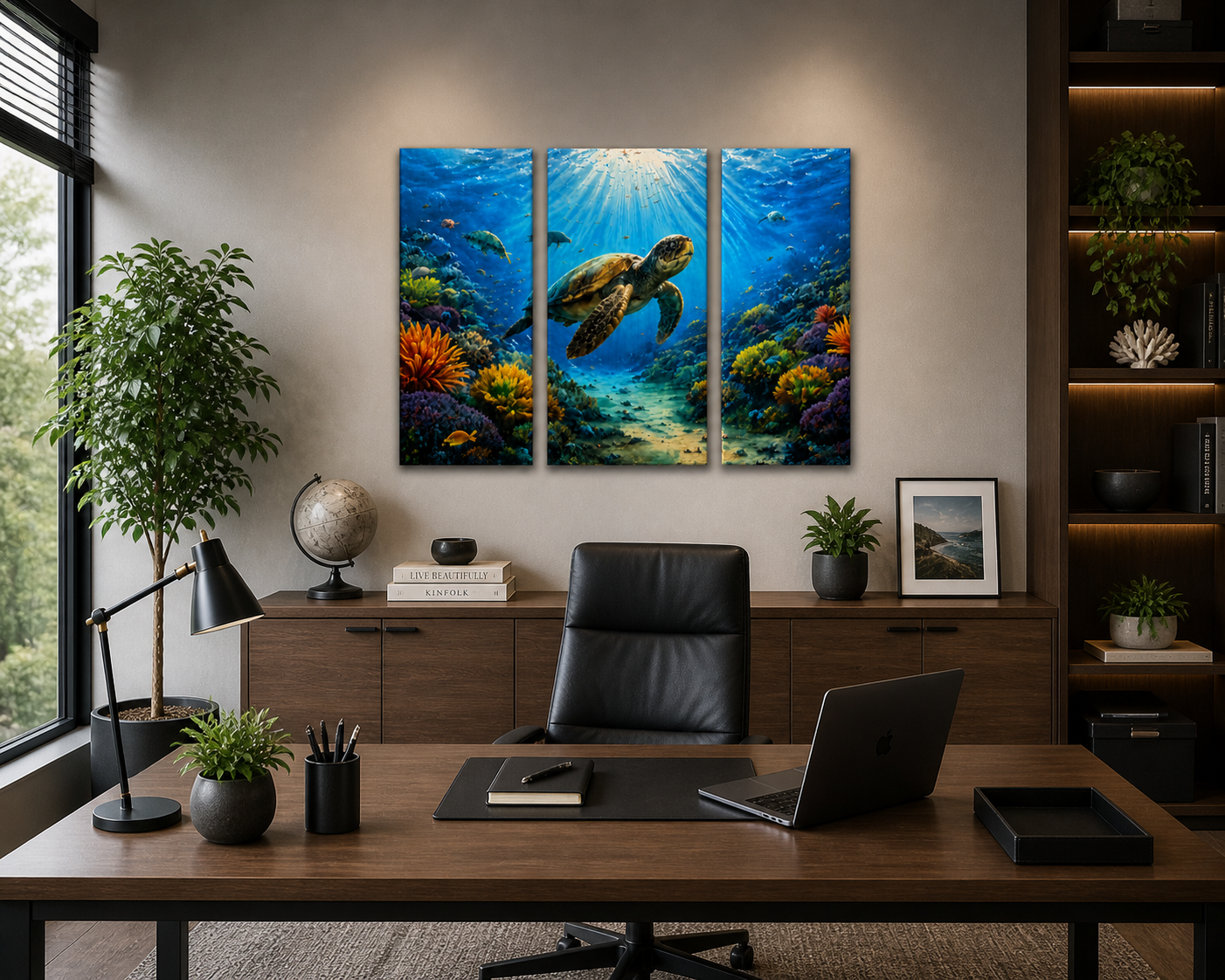 3 Panel Modern office interior with a desk, laptop, and decorative wall art of an underwater scene with a turtle.