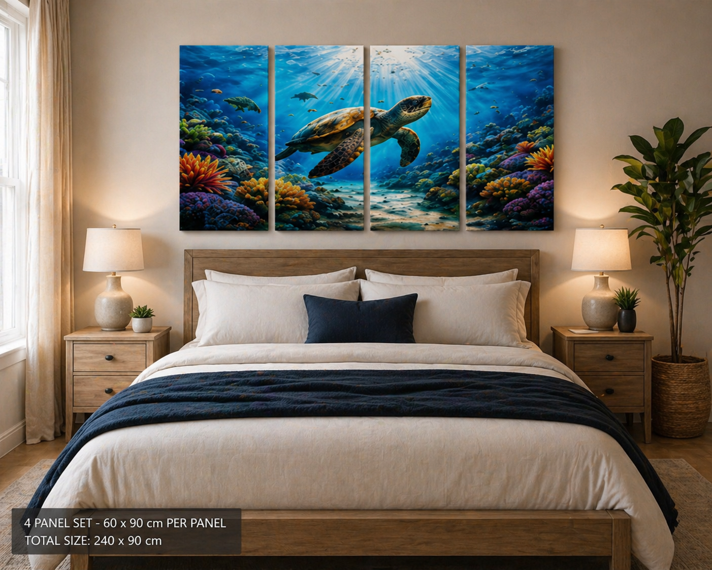 4 Panel Bedroom with a large ocean-themed wall art depicting a turtle and coral reef.