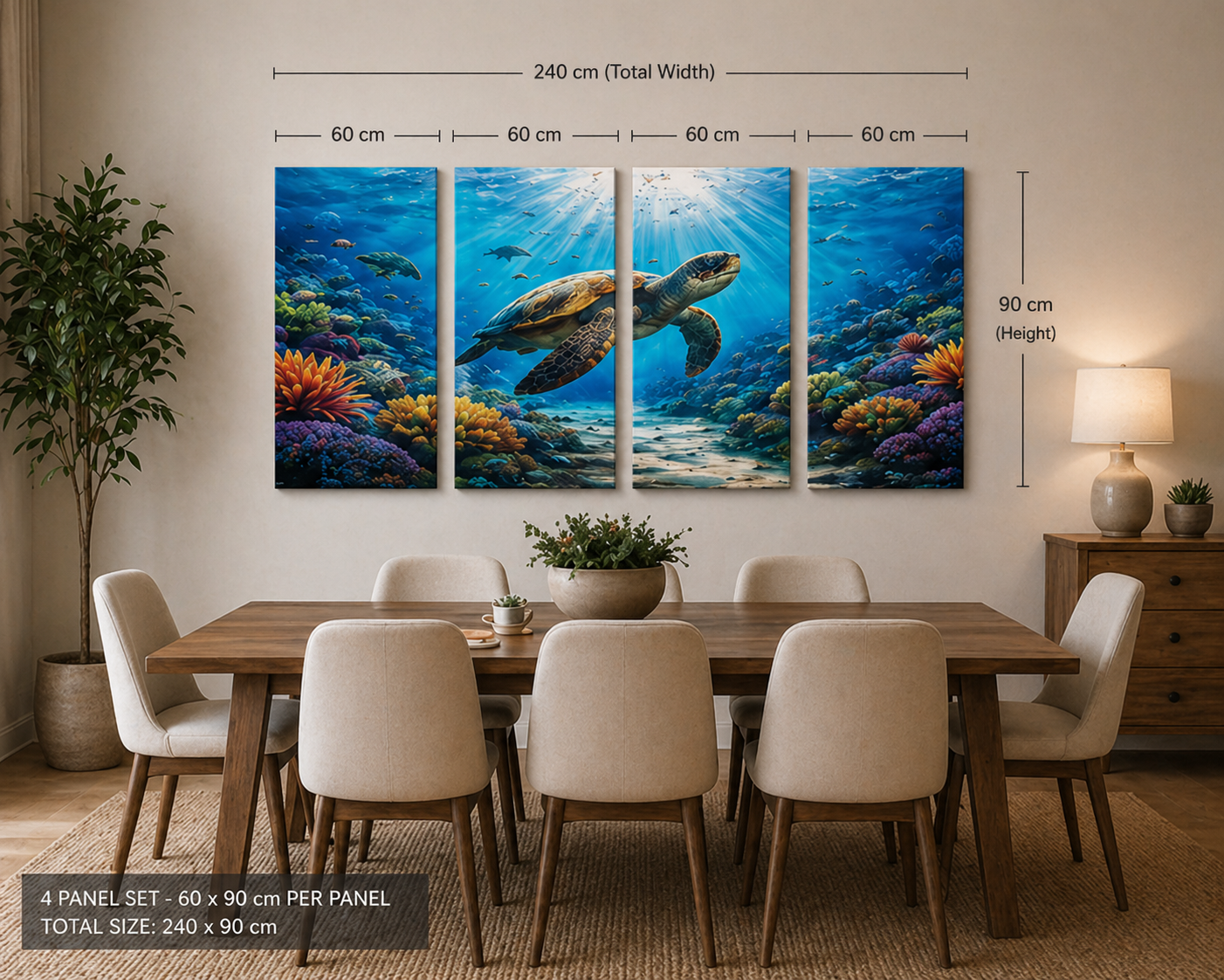 4 Panel Dining room with a large wall art depicting an underwater scene with a turtle, surrounded by furniture and decor. Measurements added.