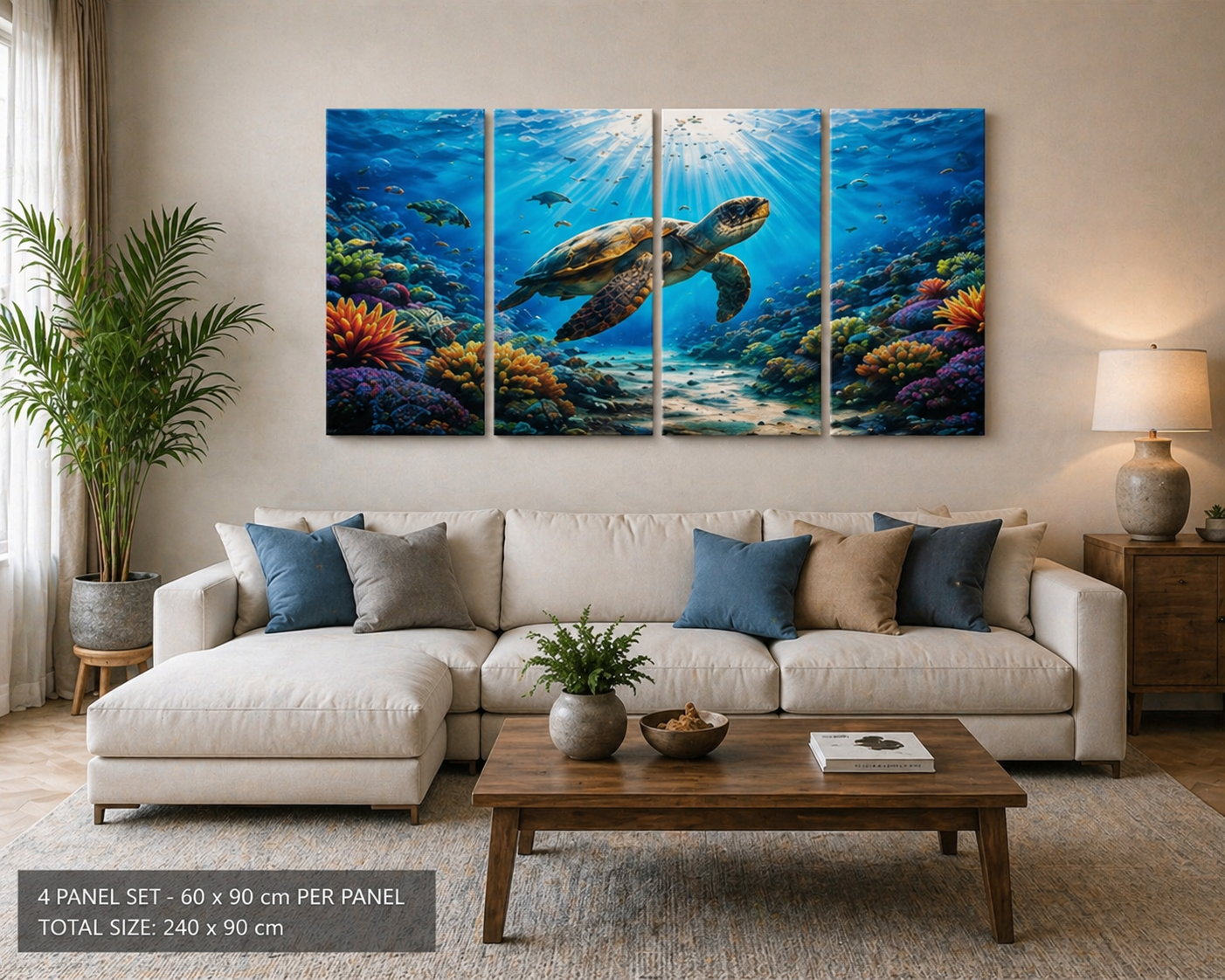 4 Panel Living room with a large wall art depicting a turtle underwater scene.