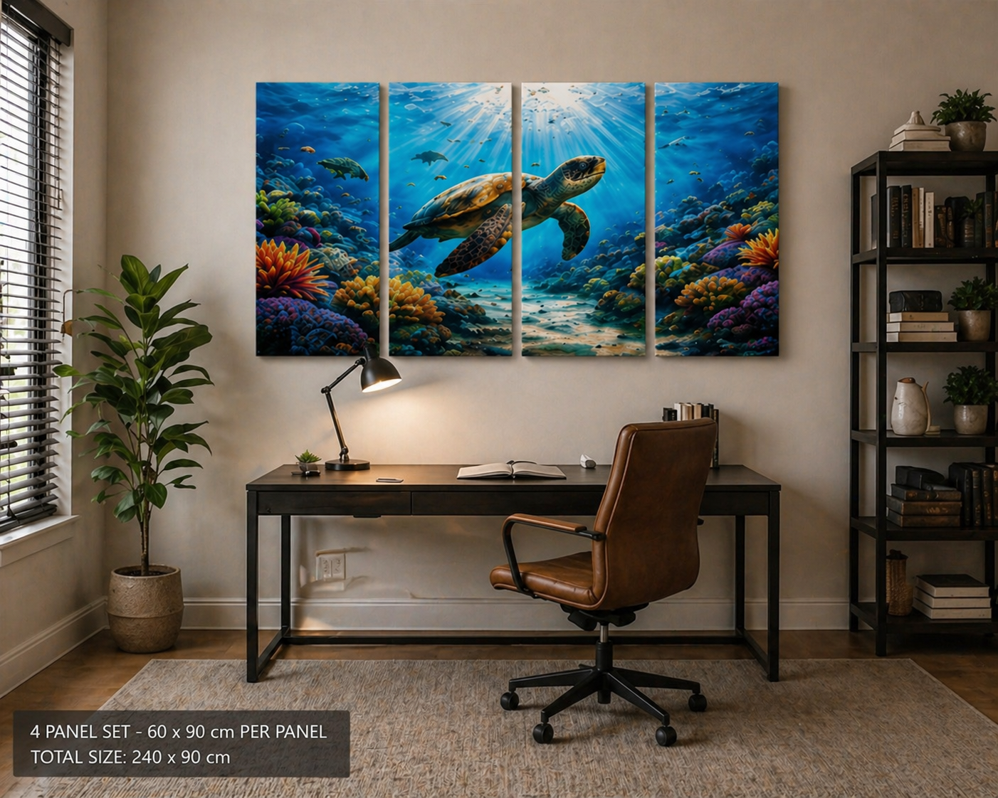 4 Panel Home office with a desk, chair, and wall art of a turtle underwater scene.