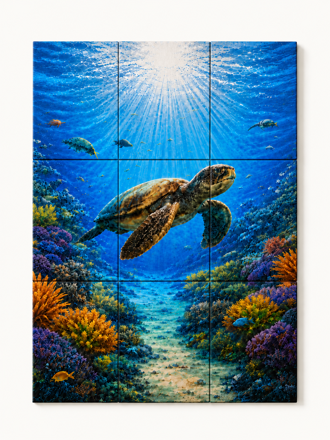 9 Panel Tile mosaic of a turtle swimming in an underwater scene with colorful coral and fish.