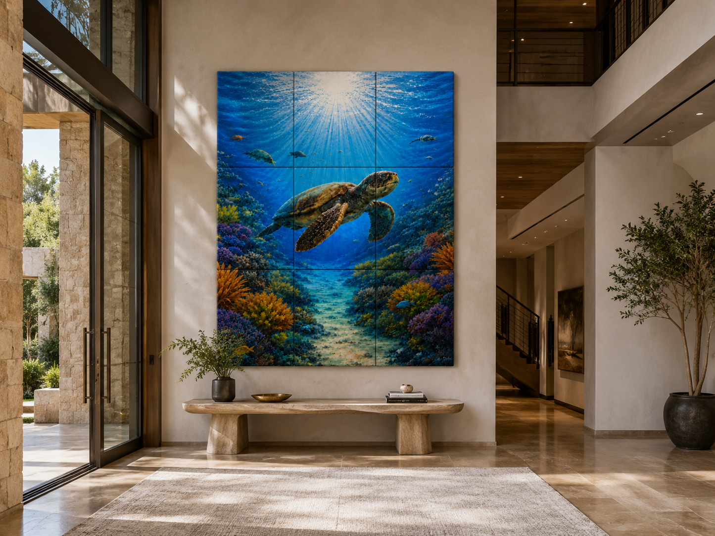 9 Panel Decorative tile mural of a turtle in an underwater scene in a modern interior setting.