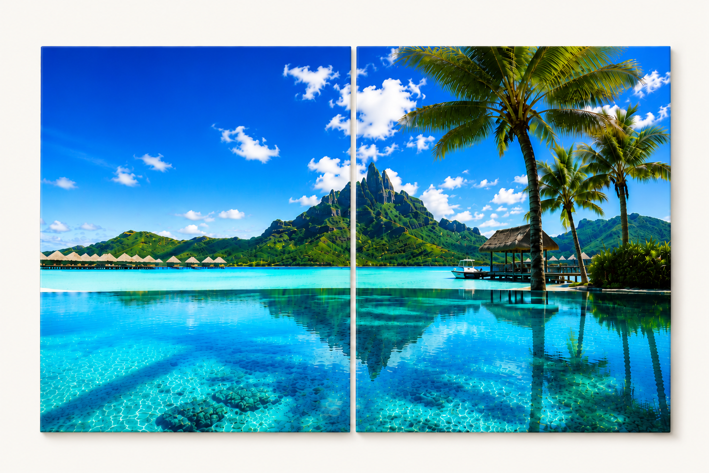 2 Panel Tropical resort with clear blue water, palm trees, and mountains.