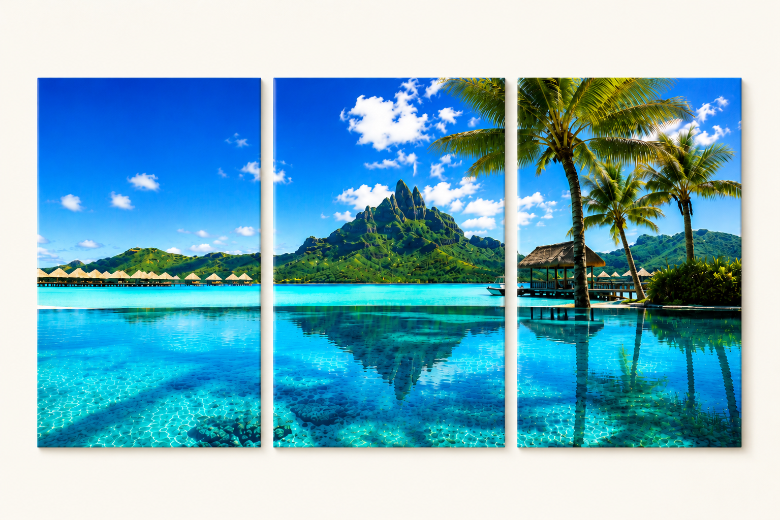 3 Panel Tropical island scene with clear blue water, palm trees, and mountains.