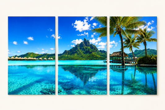 3 Panel Tropical island scene with clear blue water, palm trees, and mountains.