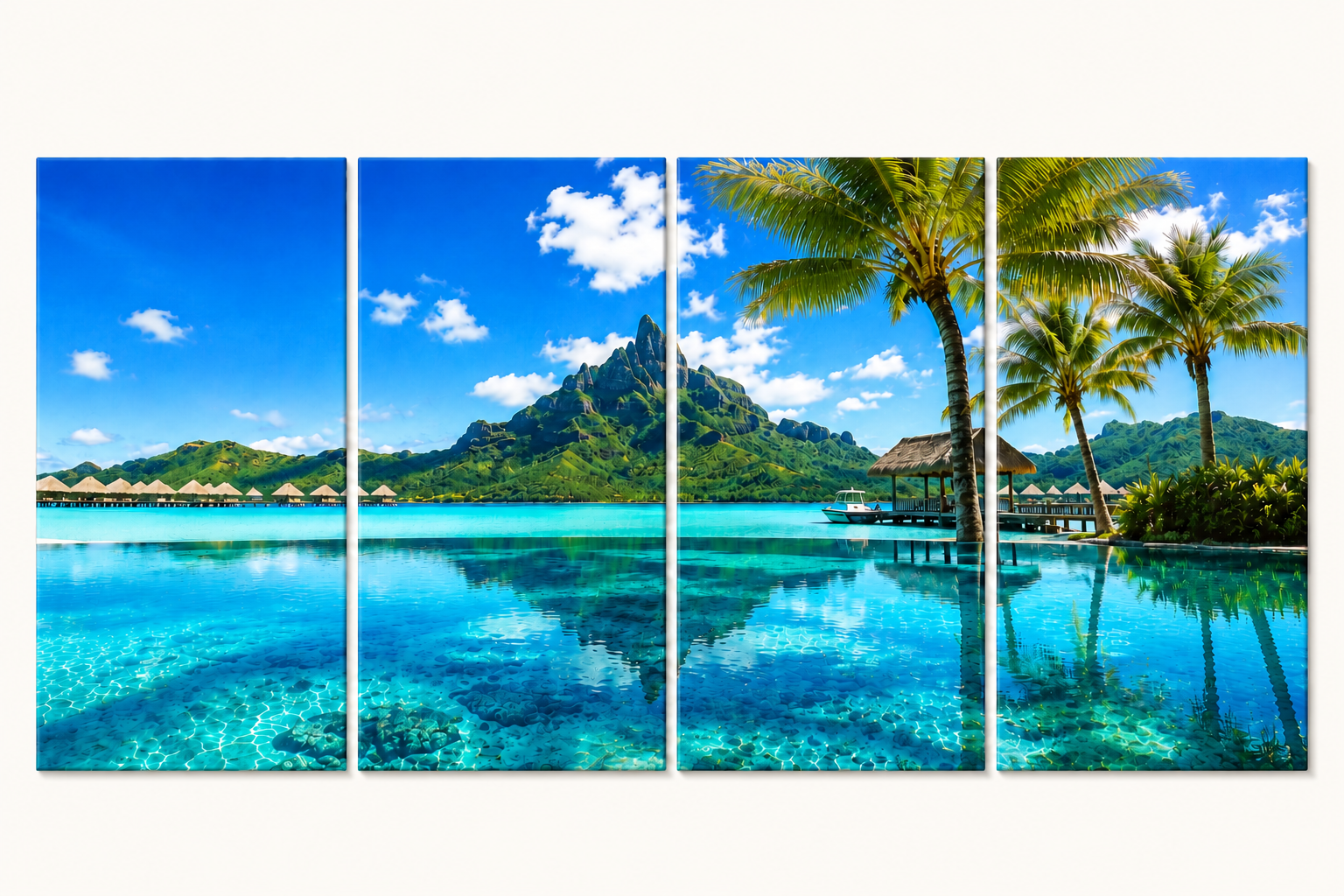4 Panel Tropical island scene with clear blue water, palm trees, and a hut.