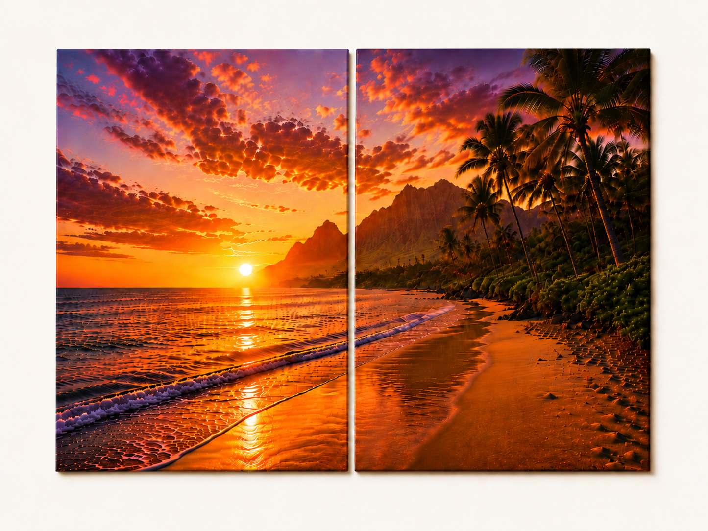 2 Panel canvas print of a tropical sunset with palm trees and mountains.