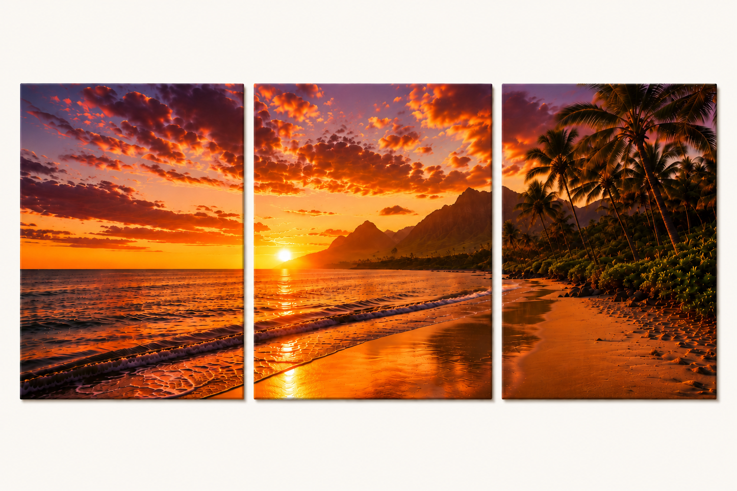 3 Panel canvas print of a sunset over a beach with palm trees.