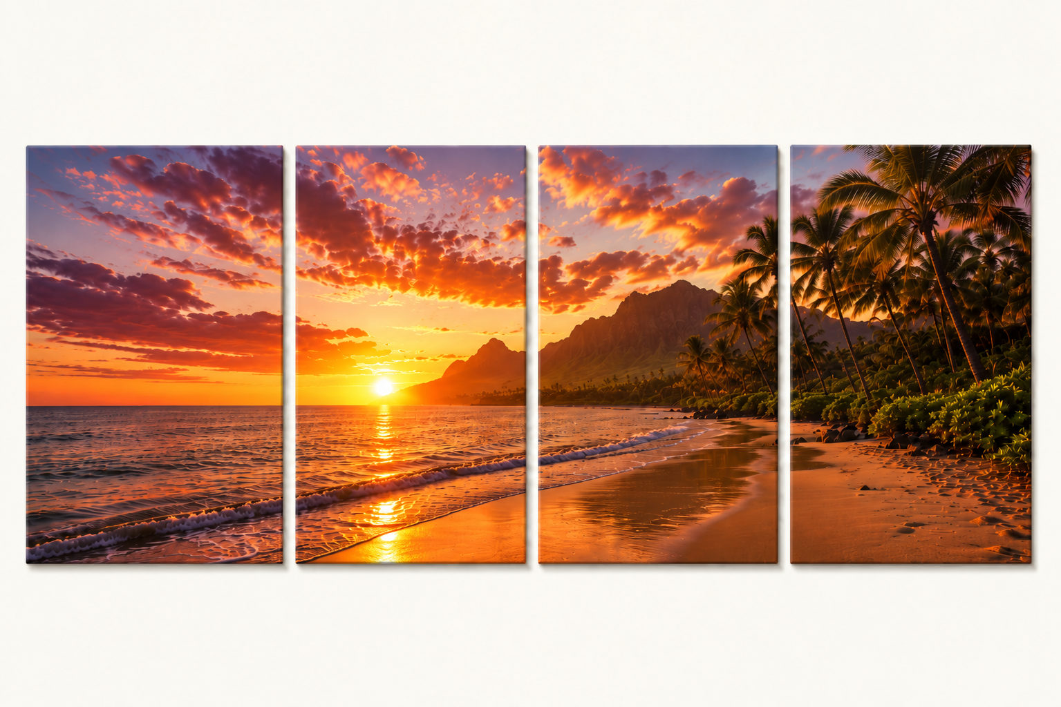 4 Panel canvas print of a sunset over a beach with palm trees.