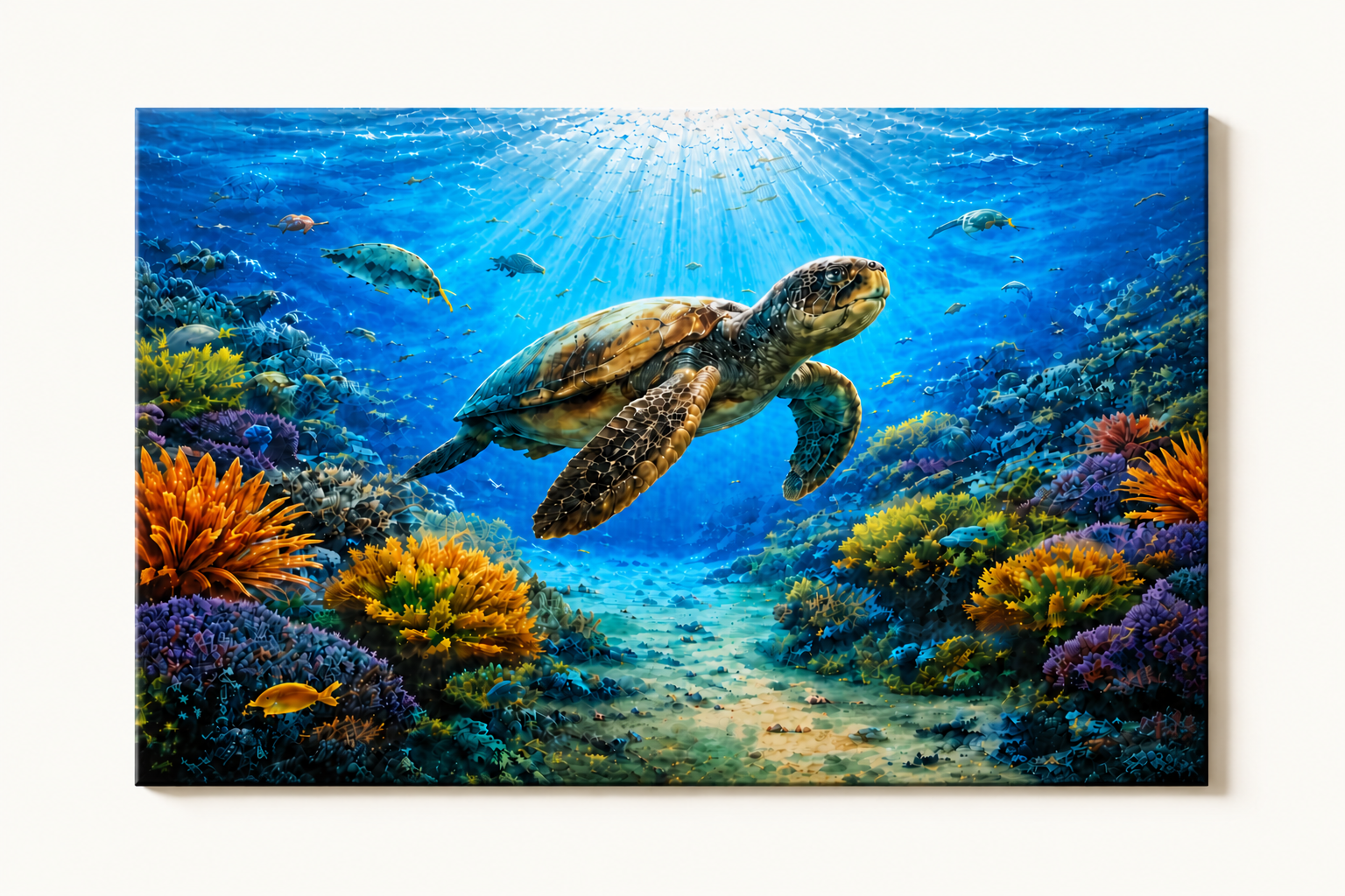 1 Panel Canvas print of a sea turtle swimming over a colorful coral reef with sunlight filtering through the water.