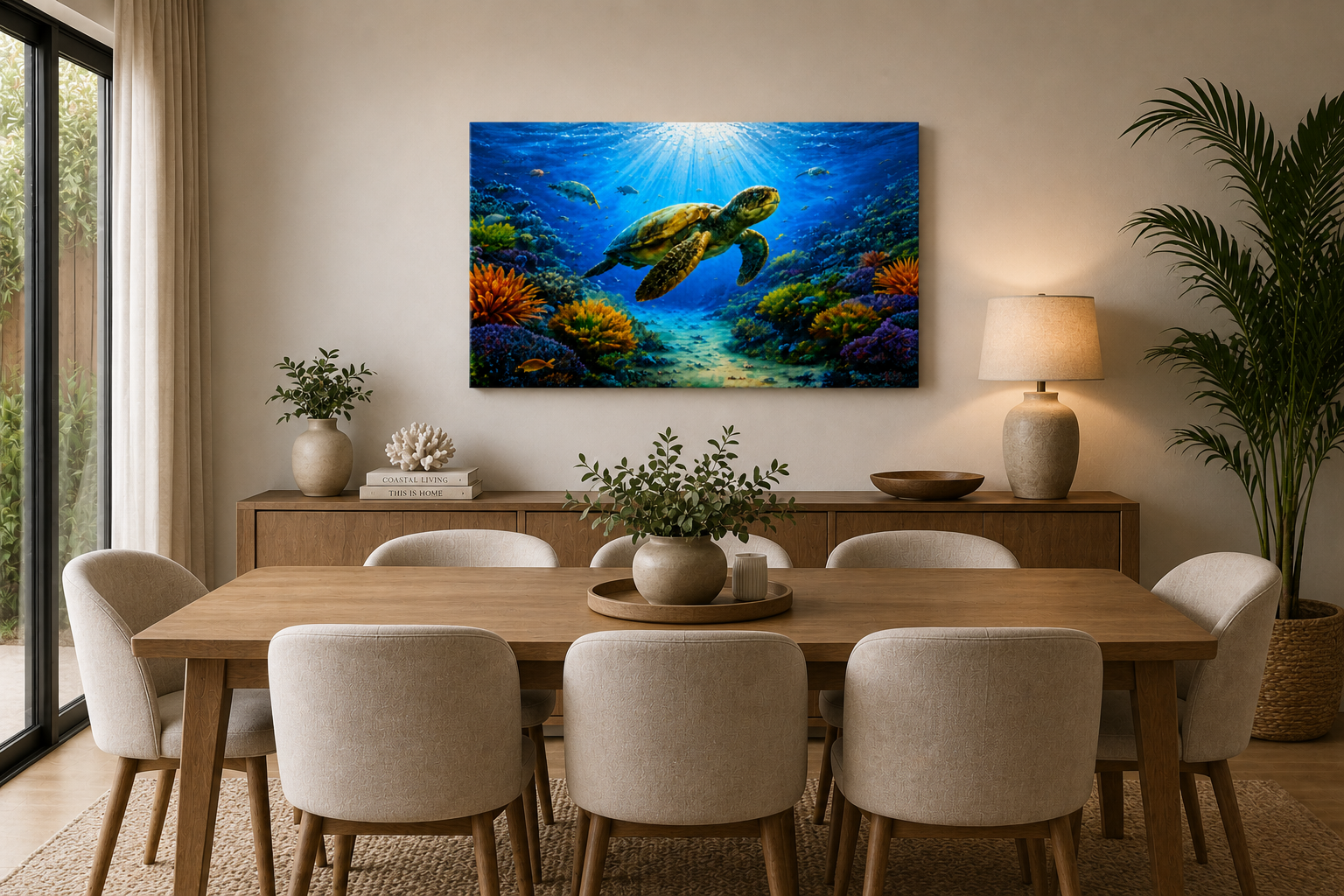 1 Panel Dining room with a large aquarium-style painting of a turtle on the wall.