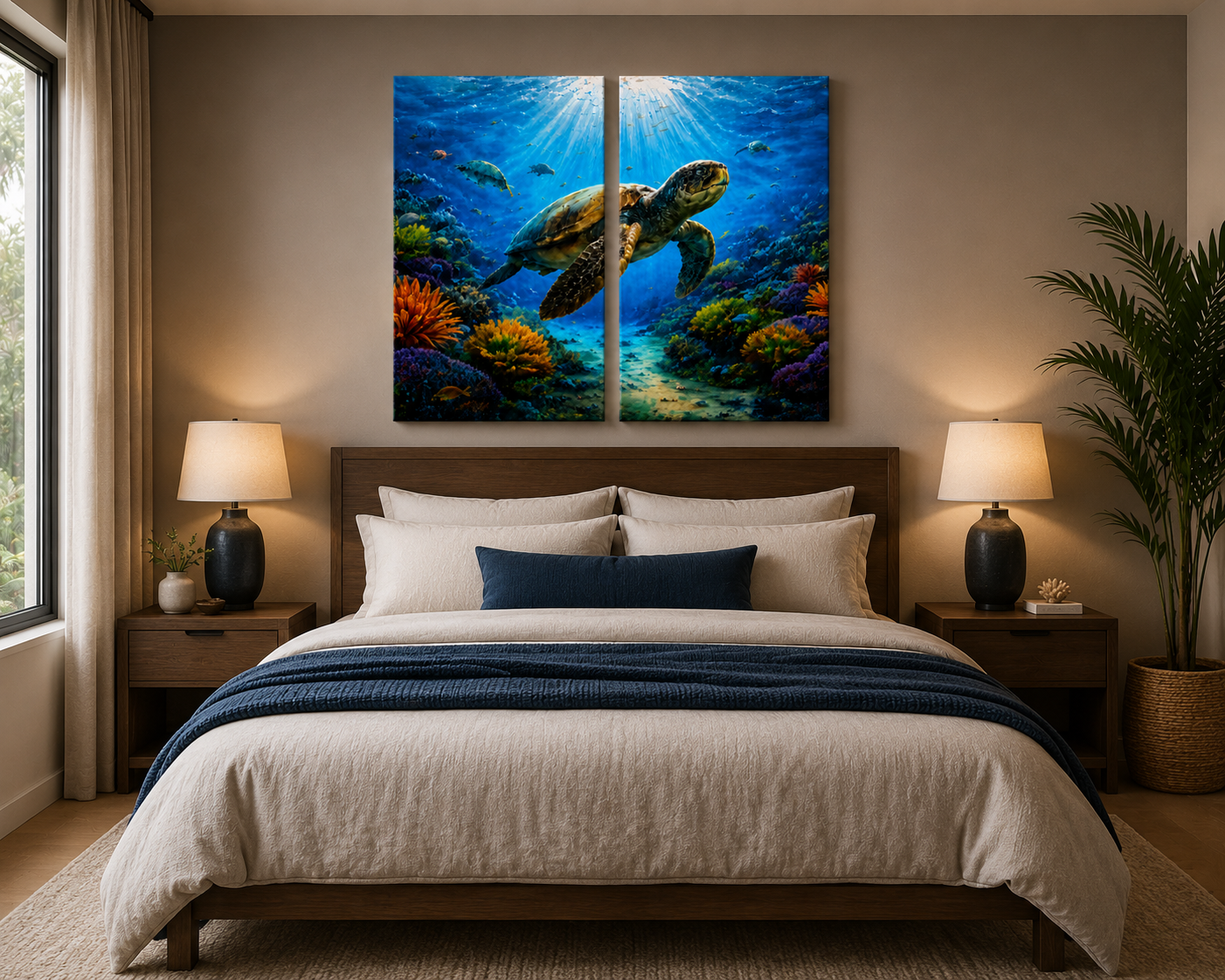 2 Panel Bedroom with a large painting of a turtle in an underwater scene on the wall.