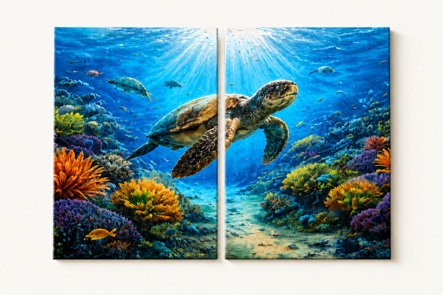 2 Panel artwork of a turtle swimming among colorful coral reefs with sunlight filtering through water.