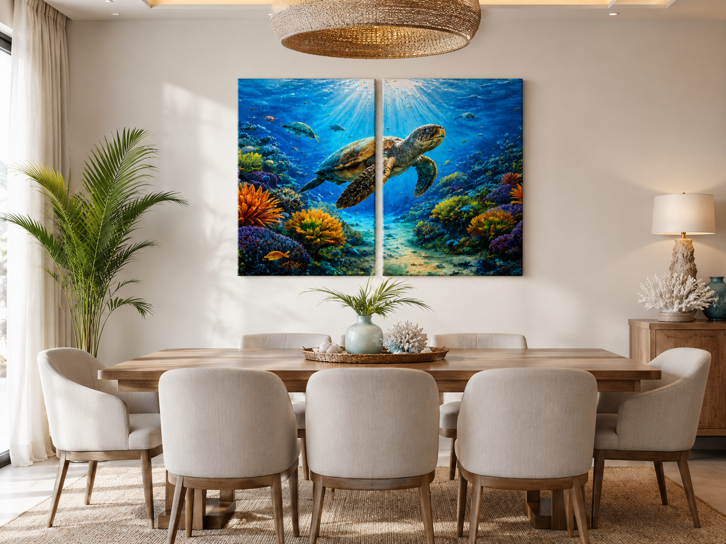 2 Panel Dining room with a large turtle painting on the wall