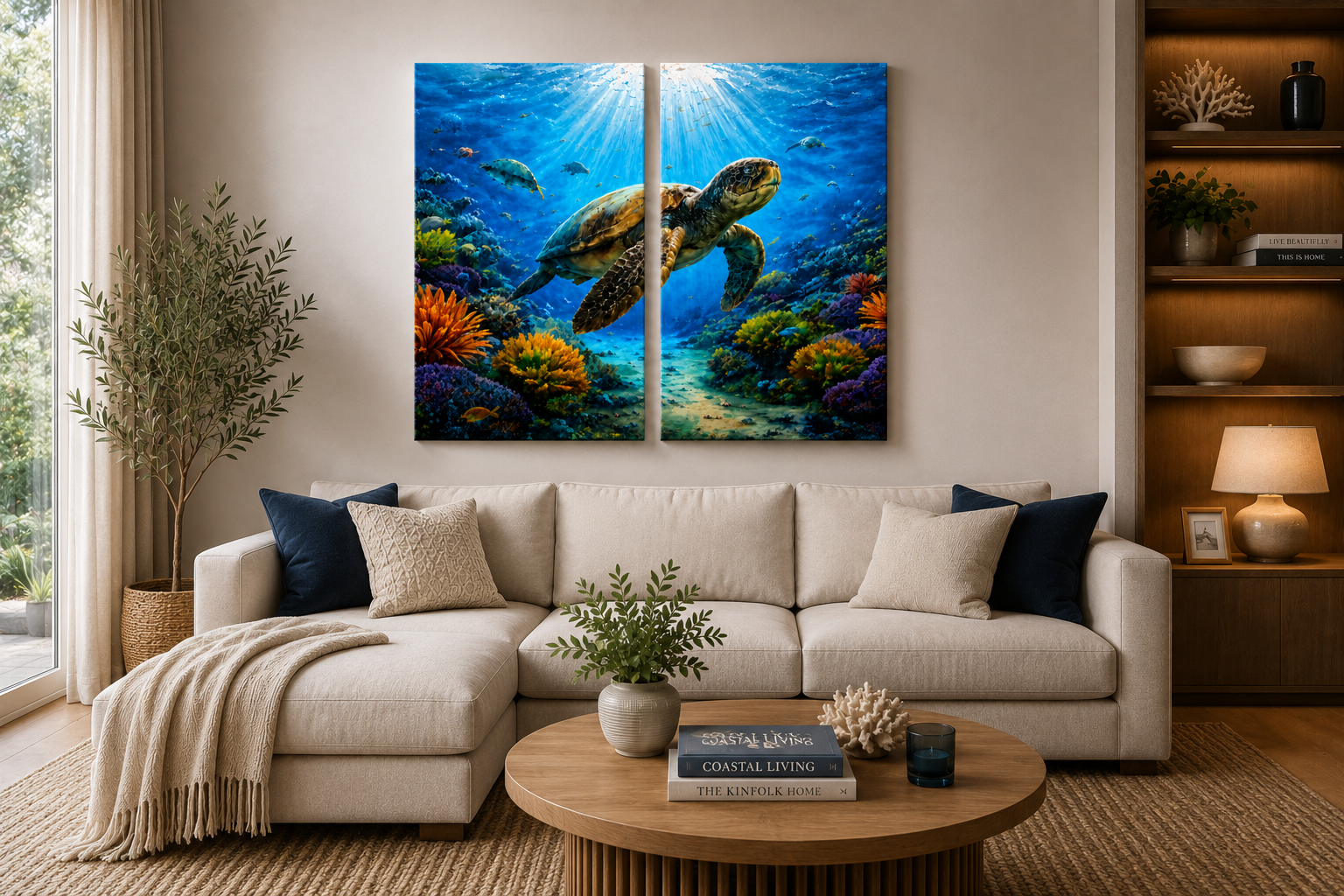 2 Panel Living room with a large sectional sofa, coffee table, and wall art of a turtle underwater.