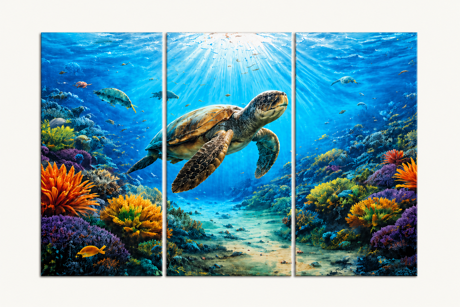 3 Panel canvas print of a turtle swimming in an underwater scene with colourful coral.
