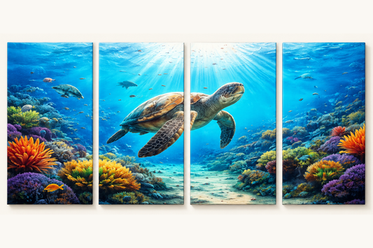 4 Panel artwork of a turtle swimming over a colorful coral reef with sunlight filtering through the water.